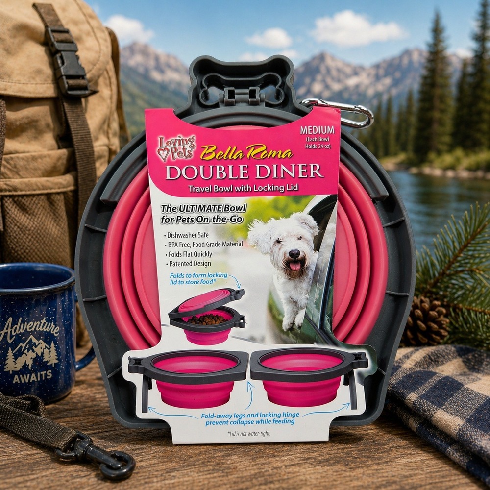 Loving Pets Bella Roma Double Diner Collapsible Pet Travel Bowl Pink Medium 24oz